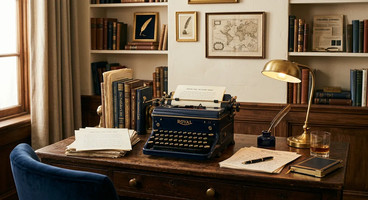 A writing desk surrounded by books and scripts